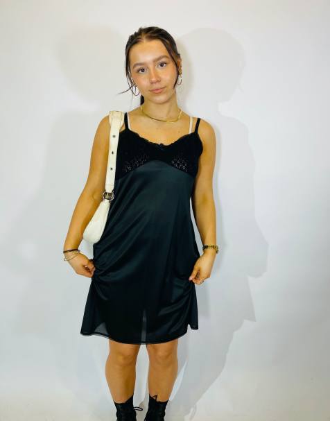 Vintage size s satin mini slip dress in black in black - view 1