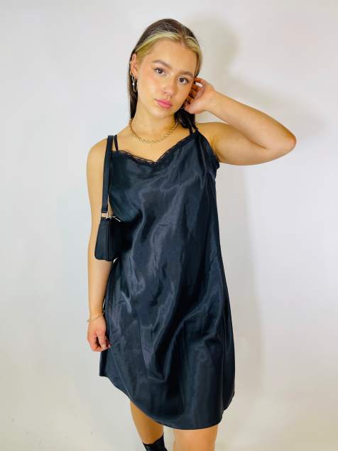 Vintage Size S satin mini slip dress in black - view 1