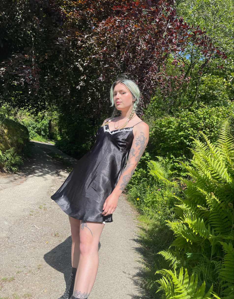 Vintage Size S satin mini slip dress in black