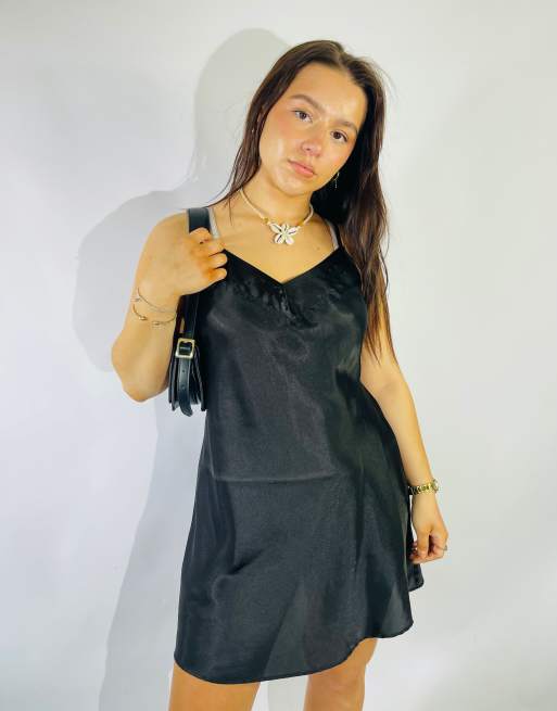 Vintage Size S Satin Mini Slip Dress in Black