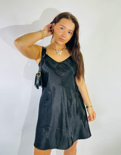 Vintage Size S Satin Mini Slip Dress in Black