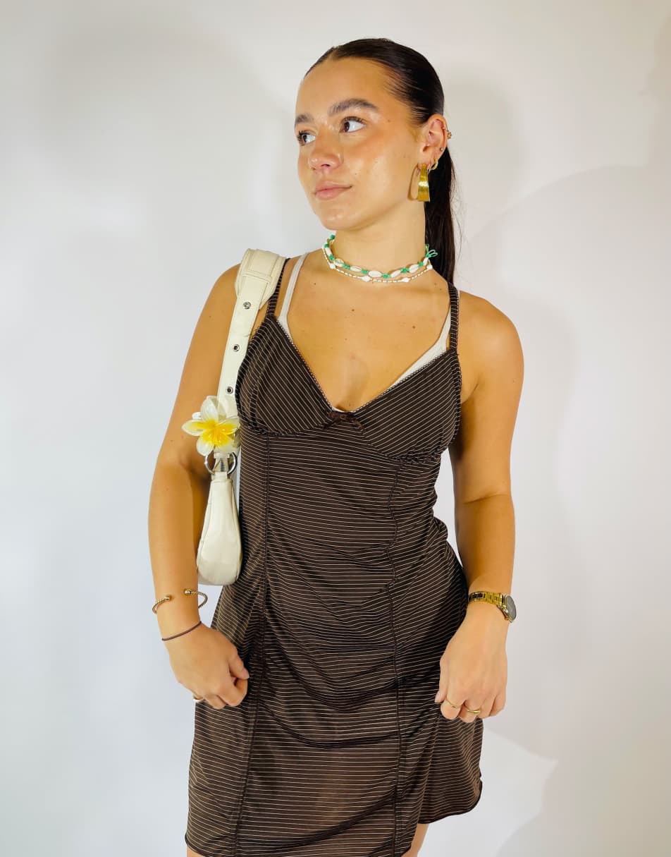 Vintage Size S Satin Pinstripe Slip Dress in Brown