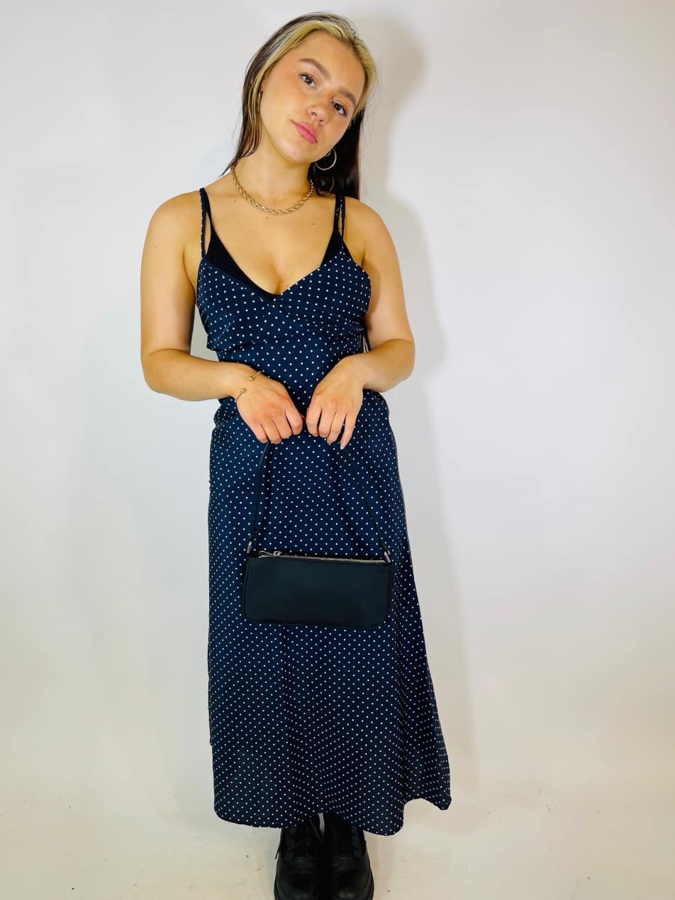 Vintage Size S satin polka dot midi slip dress in navy