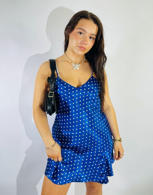 Vintage Size S Satin Polka Dot Mini Slip Dress in Blue