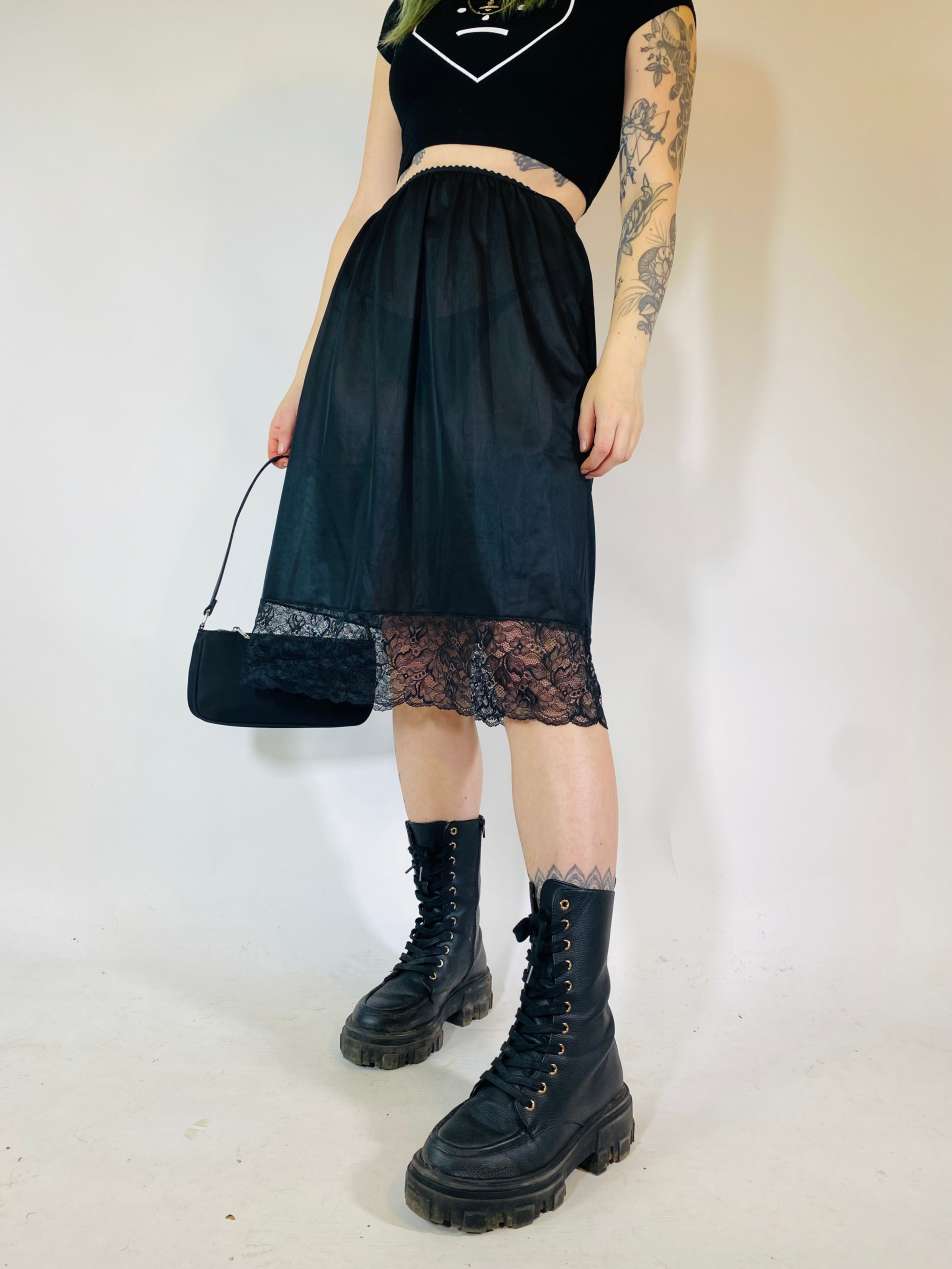 Vintage Size S satin sheer floral lace midi slip skirt in black