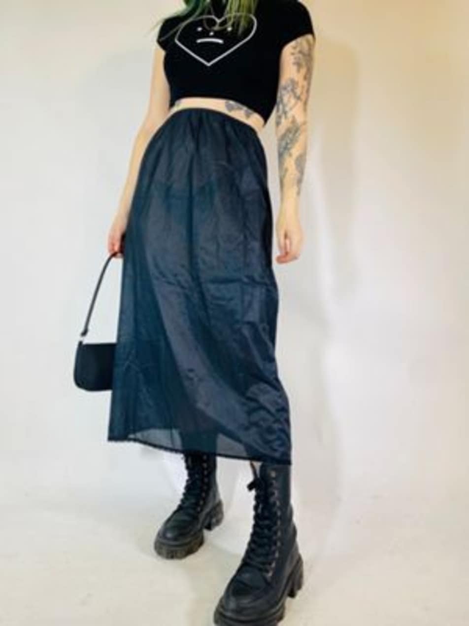 Vintage Size S satin sheer maxi slip skirt in black