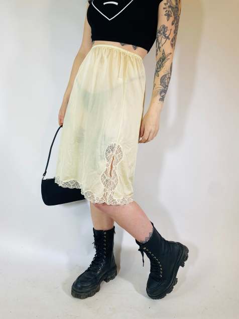 Vintage Size S satin sheer midi slip skirt in yellow - view 1
