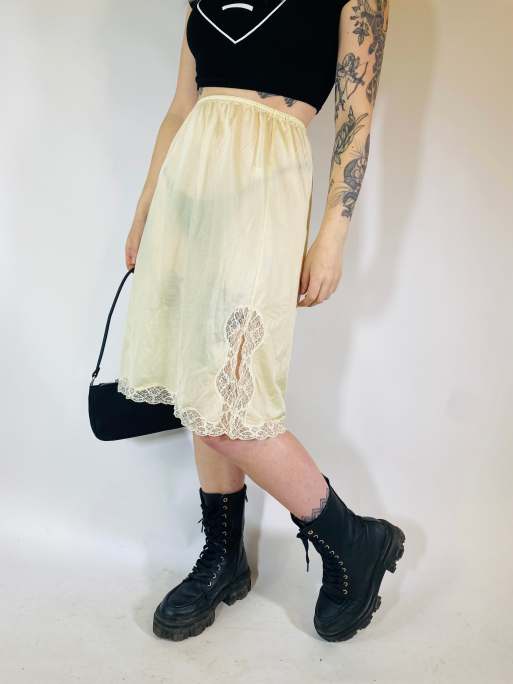 Vintage Size S satin sheer midi slip skirt in yellow