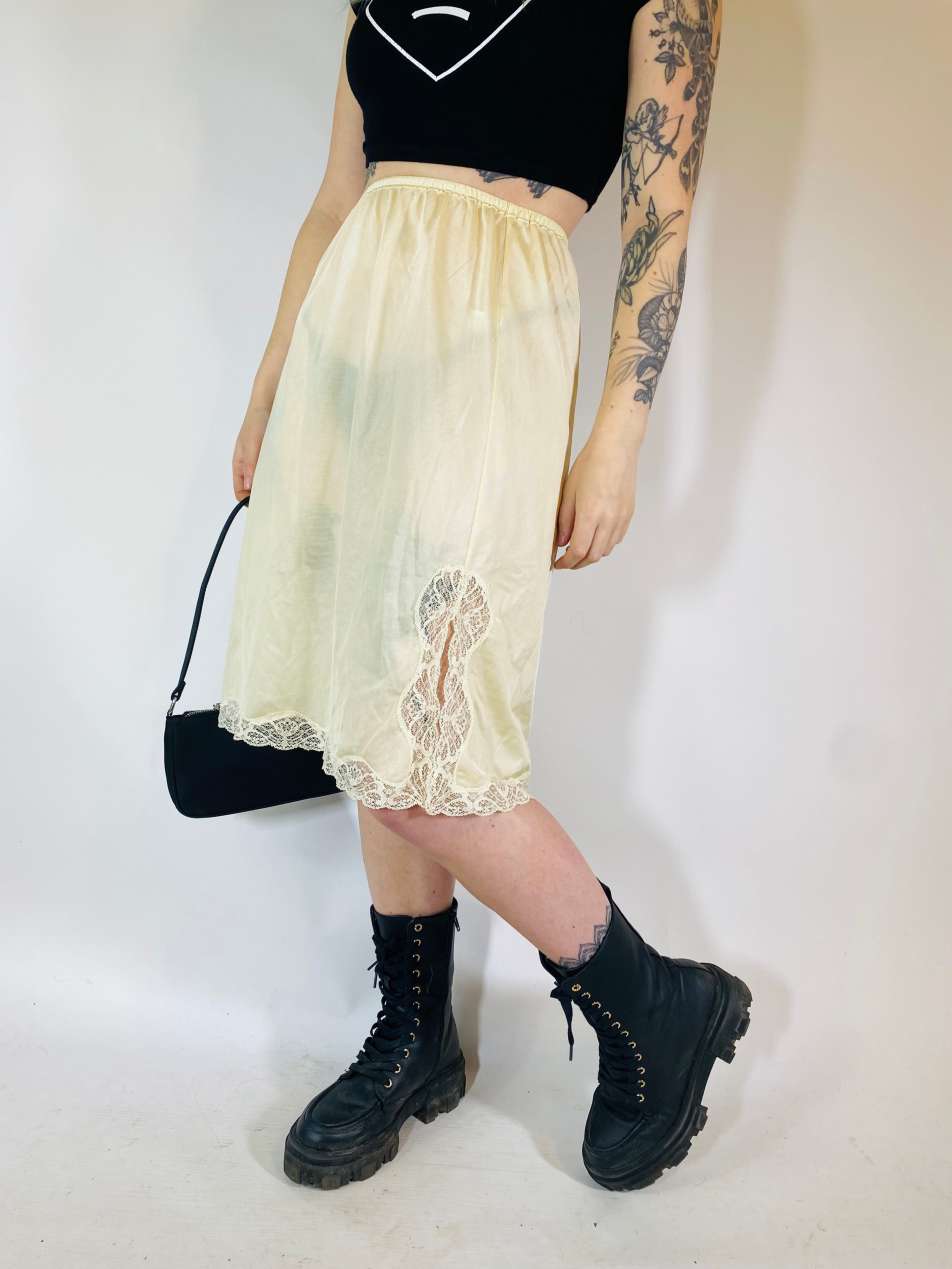 Vintage Size S satin sheer midi slip skirt in yellow