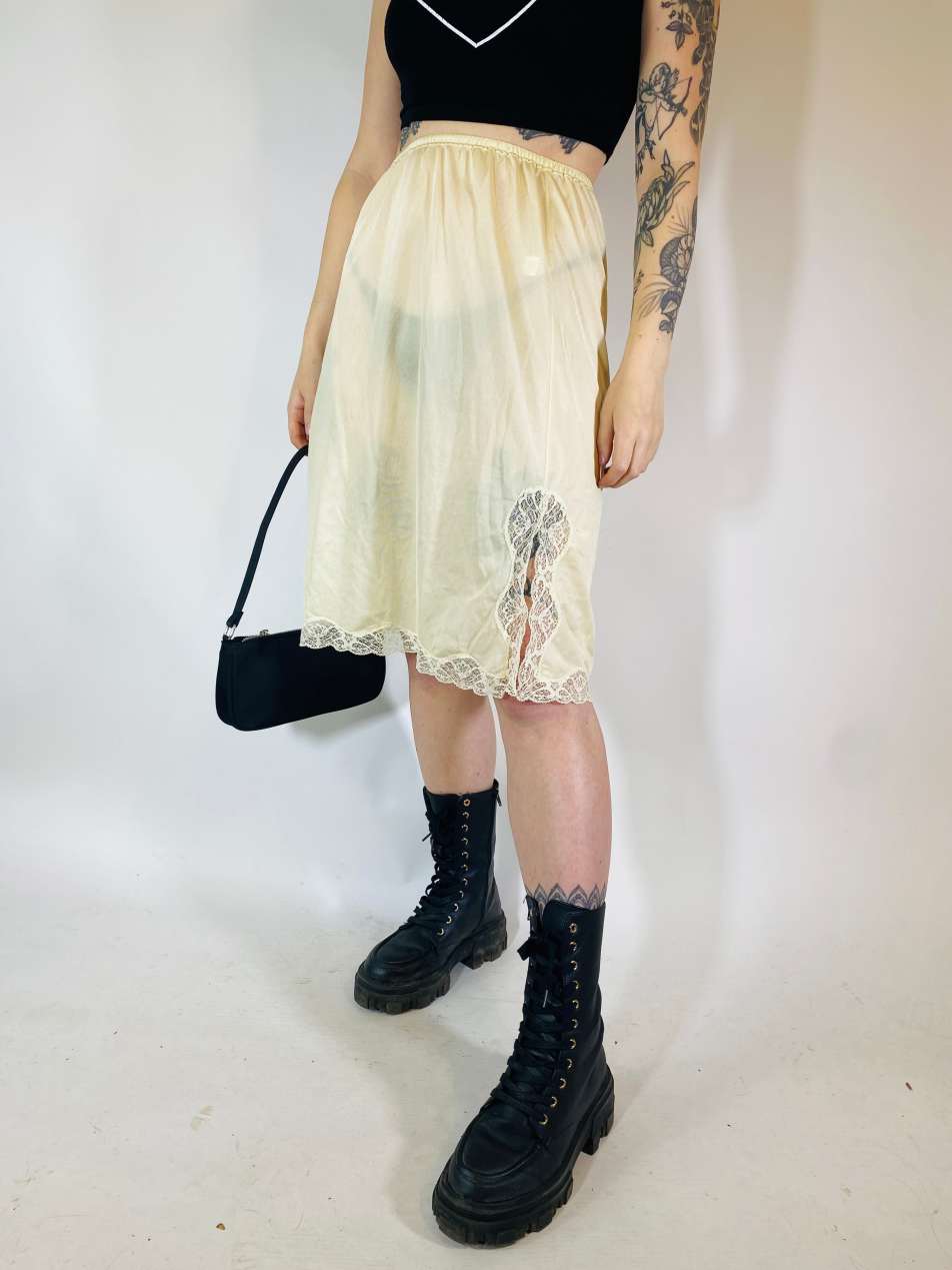 Vintage Size S satin sheer midi slip skirt in yellow 0