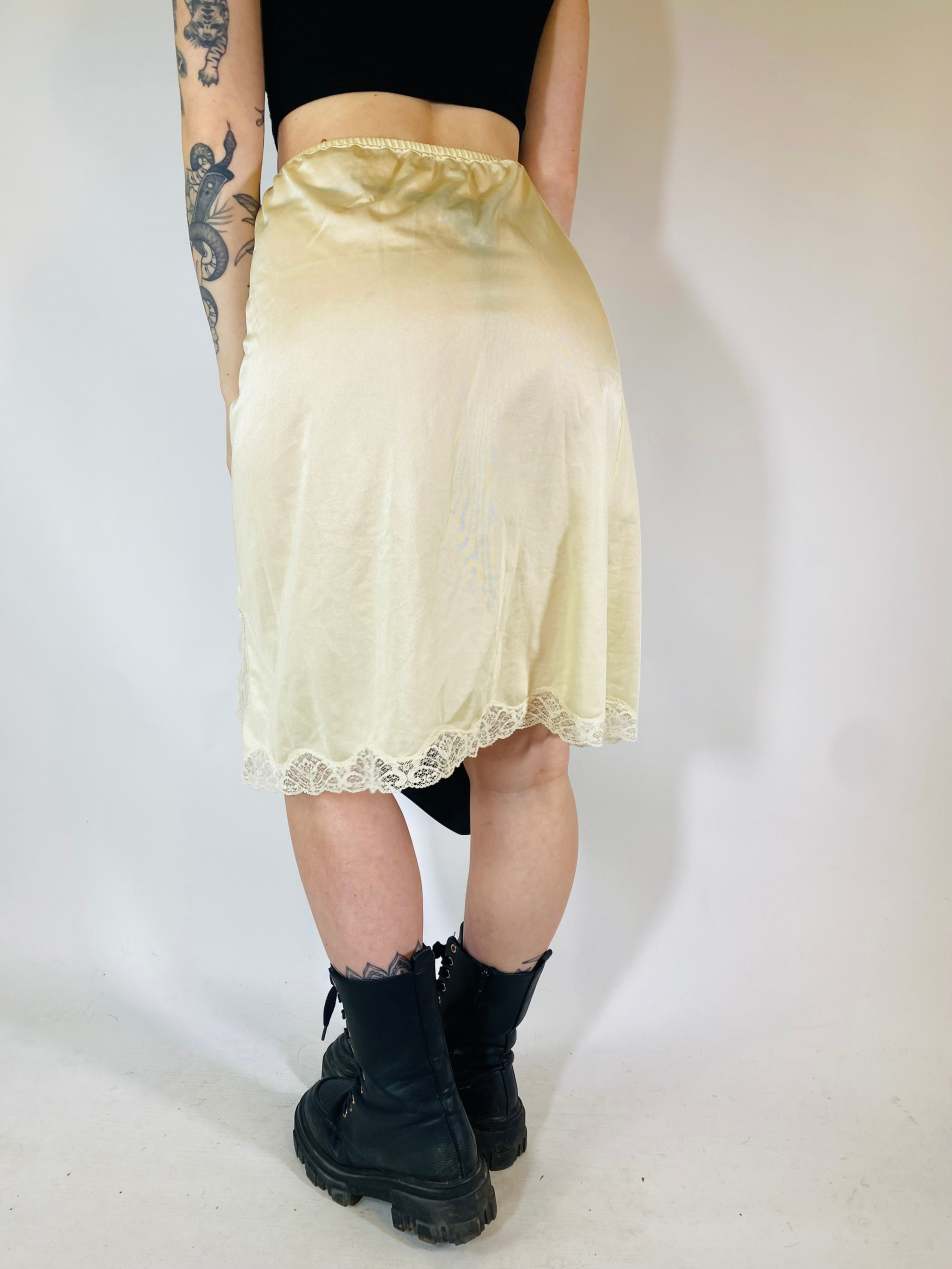 Vintage Size S satin sheer midi slip skirt in yellow 1