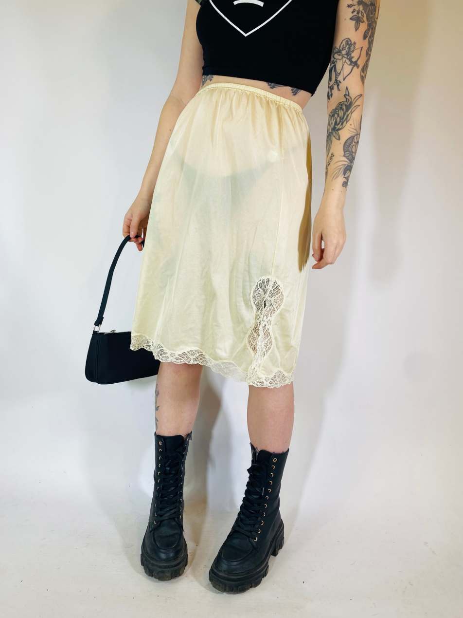 Vintage Size S satin sheer midi slip skirt in yellow 2