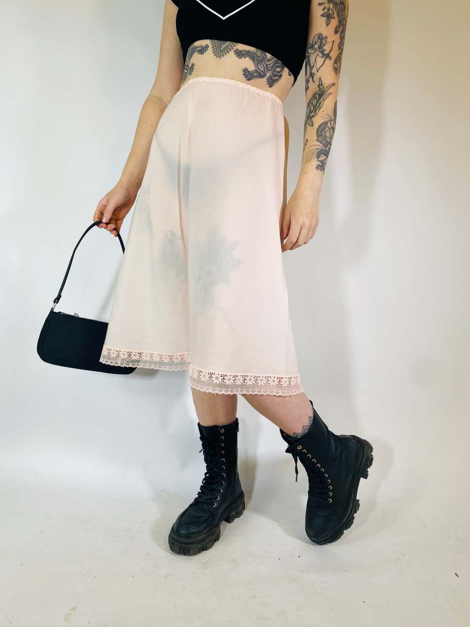 Vintage Size S satin sheer summer midi skirt in peach