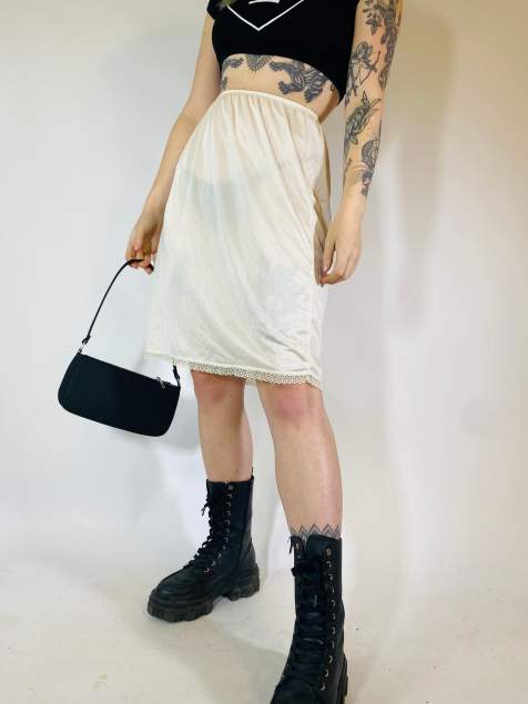 Vintage Size S sheer floral waist satin midi slip skirt in white - view 1