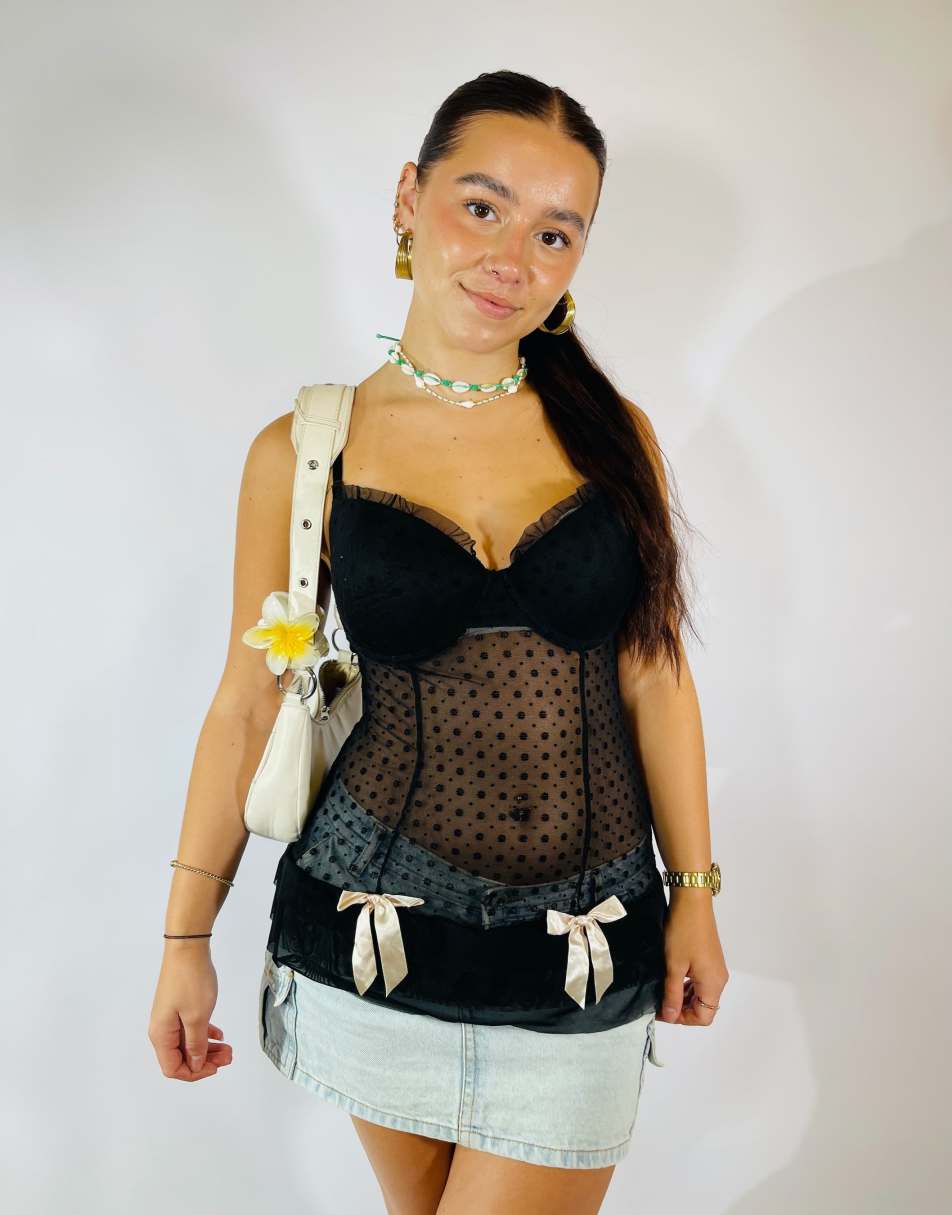 Vintage Size S Sheer Lace Corset Top in Black