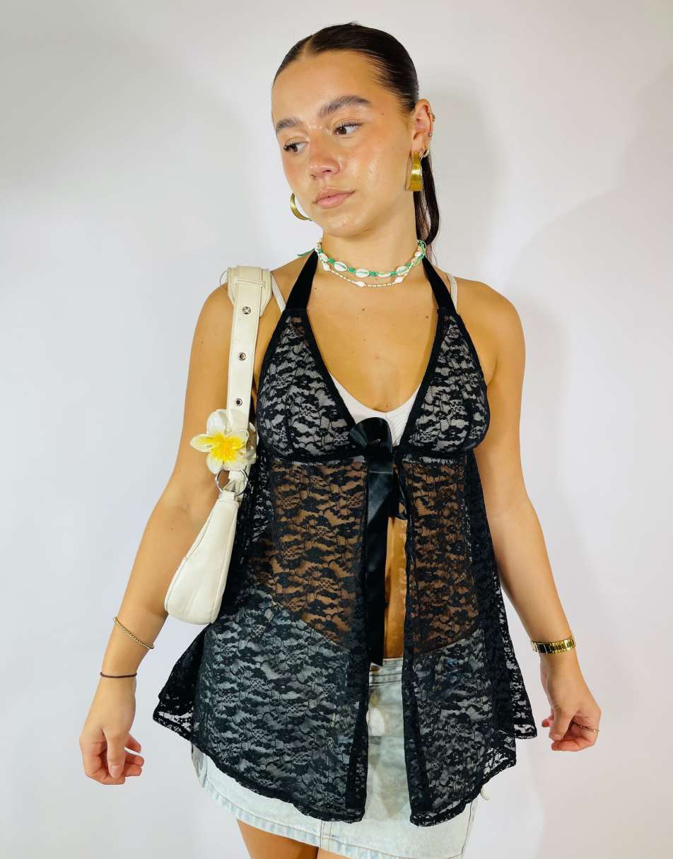 Vintage Size S Sheer Lace Halter Top in Black