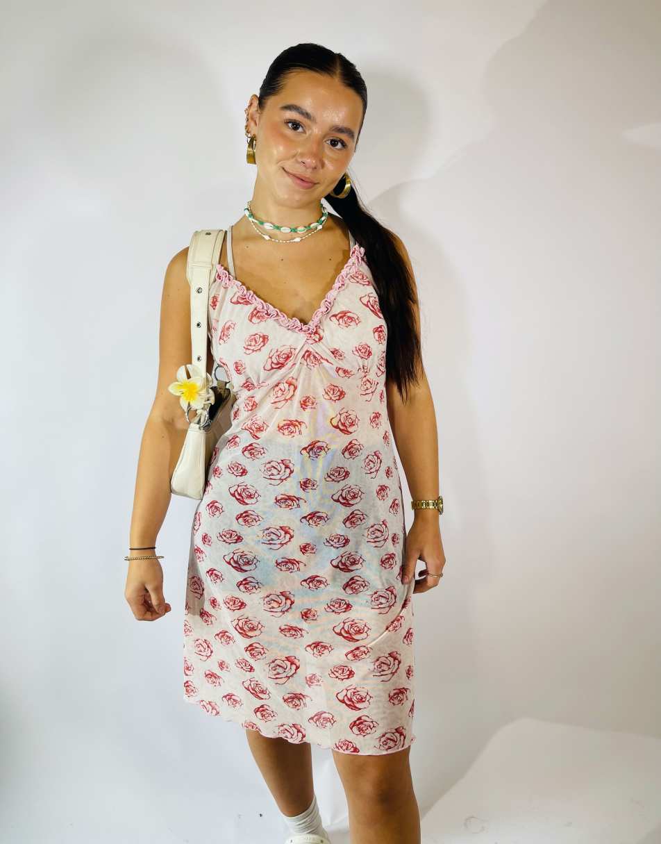 Vintage Size S Sheer Mesh Floral Slip Dress in Multi