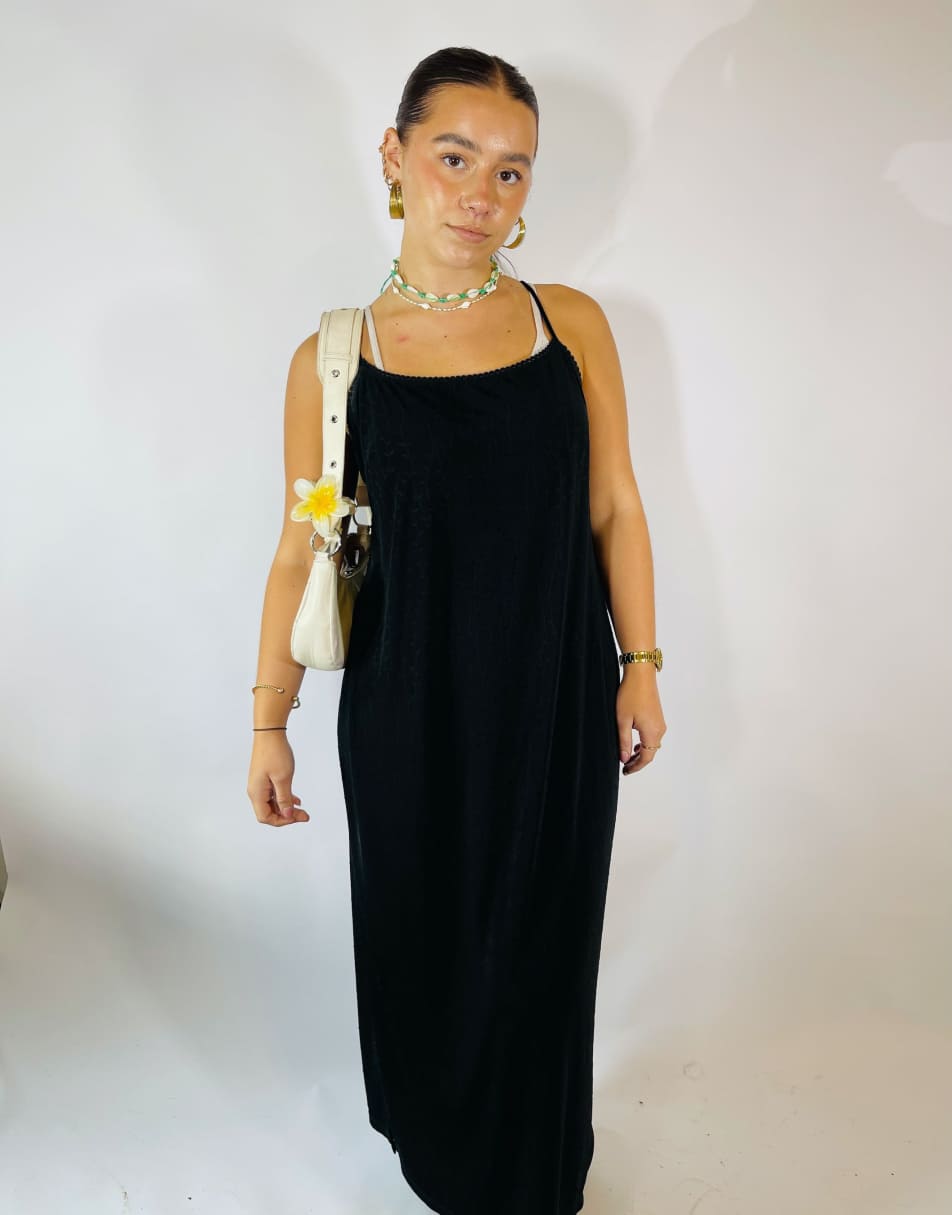 Vintage Size S Sheer Panel Halter Maxi Dress in Black