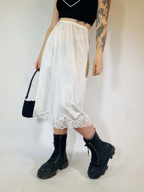 Vintage Size S sheer satin midi slip skirt in white - view 1