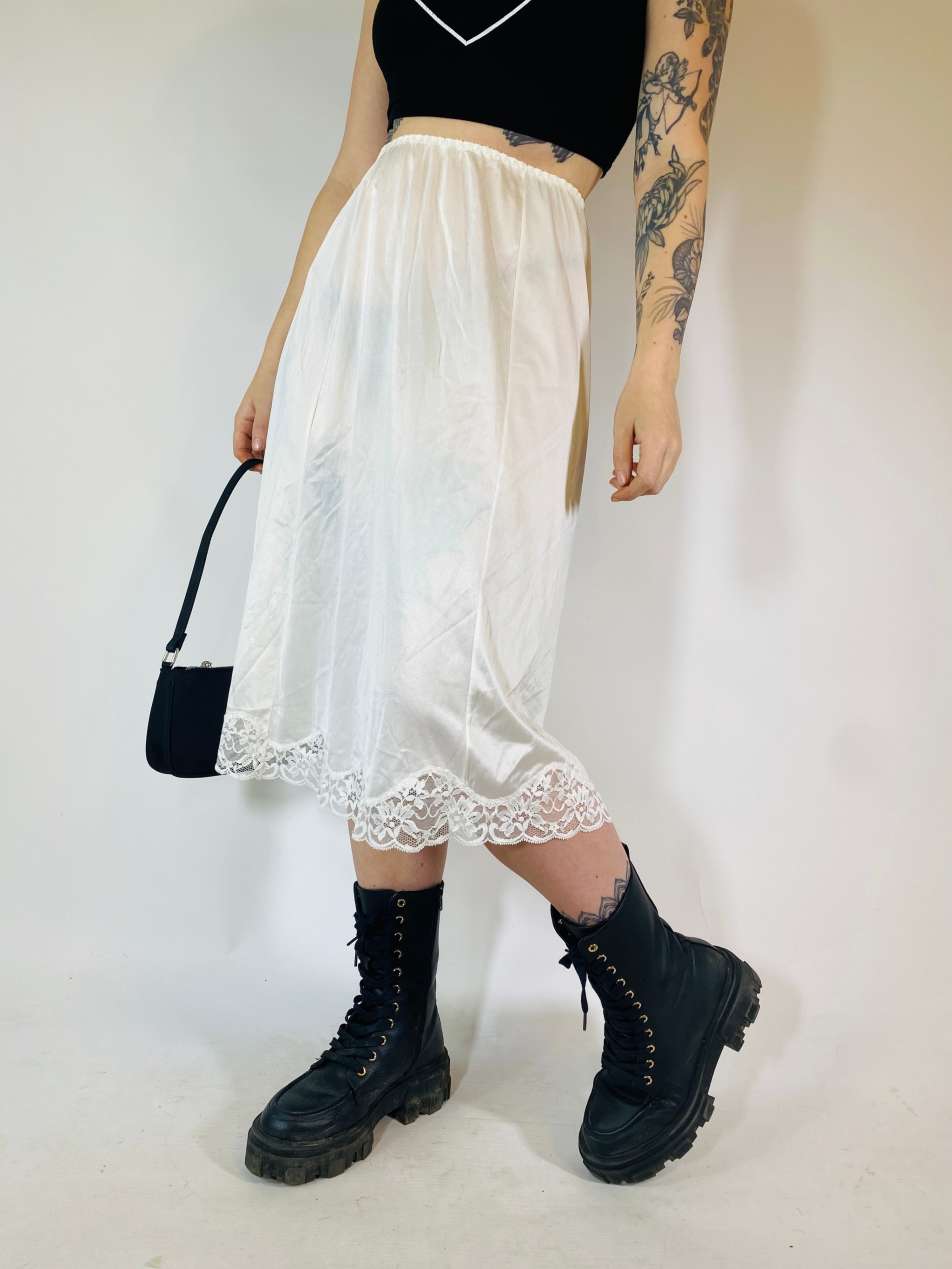 Vintage Size S sheer satin midi slip skirt in white