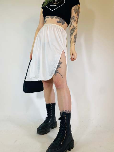 Vintage Size S sheer satin midi slip skirt in white - view 1