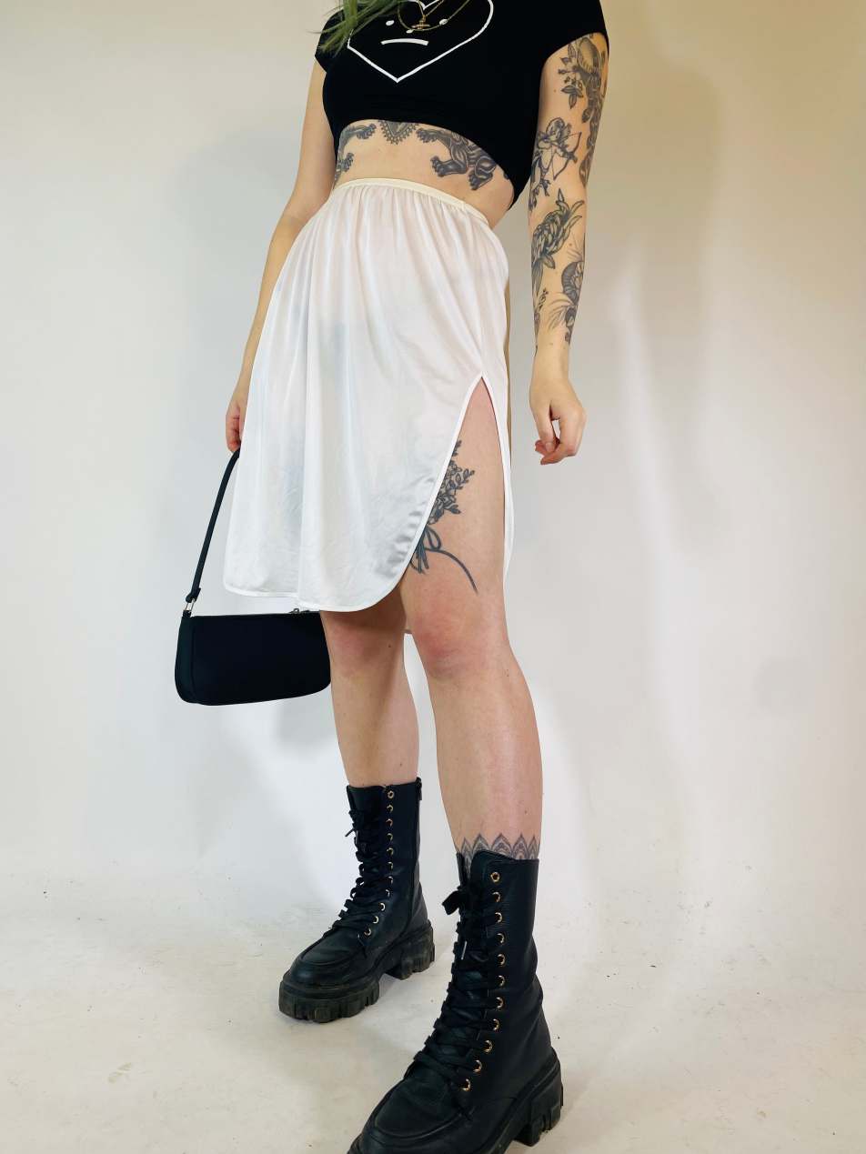 Vintage Size S sheer satin midi slip skirt in white