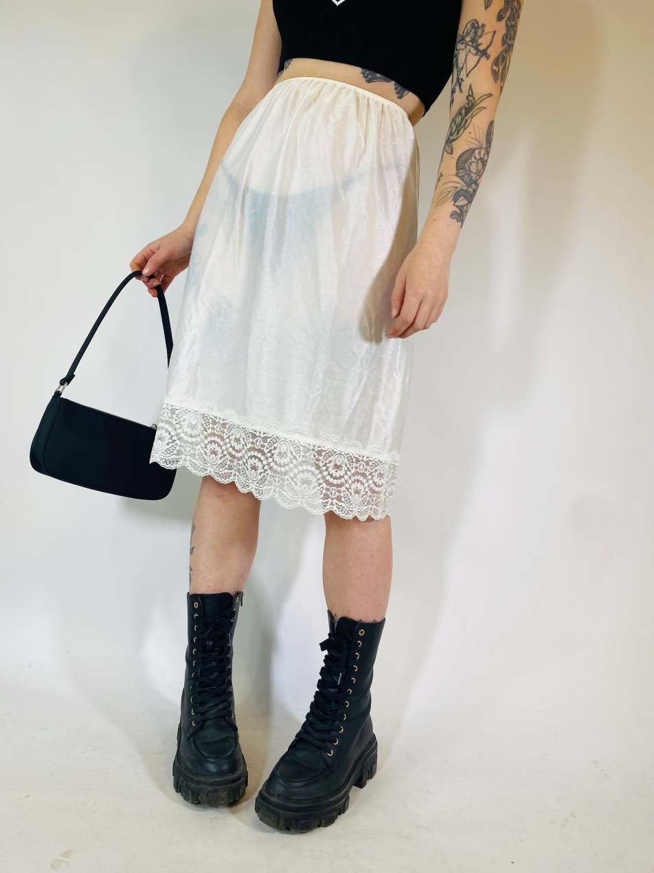 Vintage Size S sheer satin midi slip skirt in white