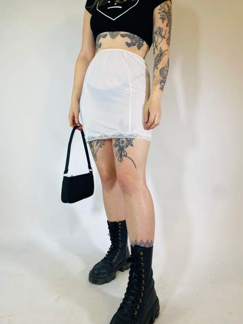 Vintage Size S sheer satin midi slip skirt in white - view 1