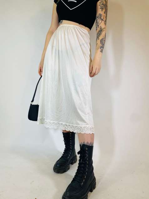 Vintage Size S sheer satin midi slip skirt in white - view 1