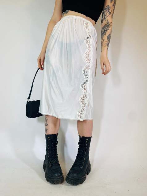 Vintage Size S sheer satin midi slip skirt in white - view 1
