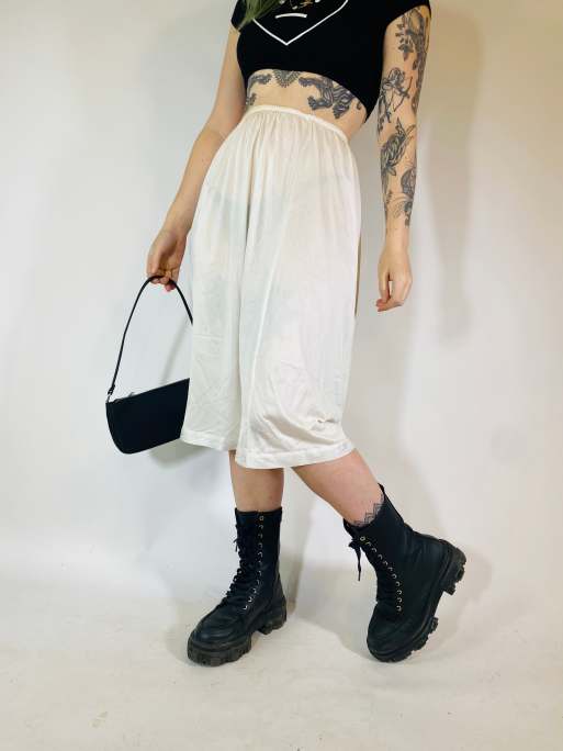 Vintage Size S sheer satin midi slip skirt in white