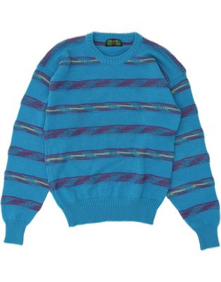 Vintage Size S Striped Button Neck Jumper Sweater in Blue