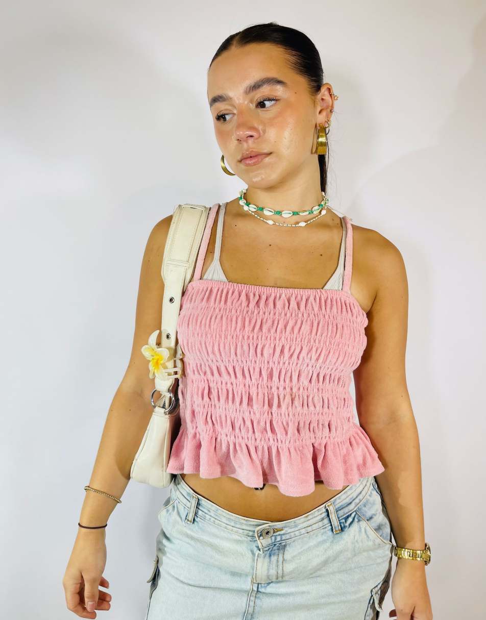 Vintage Size S Towelling Ruched Crop Top in Pink
