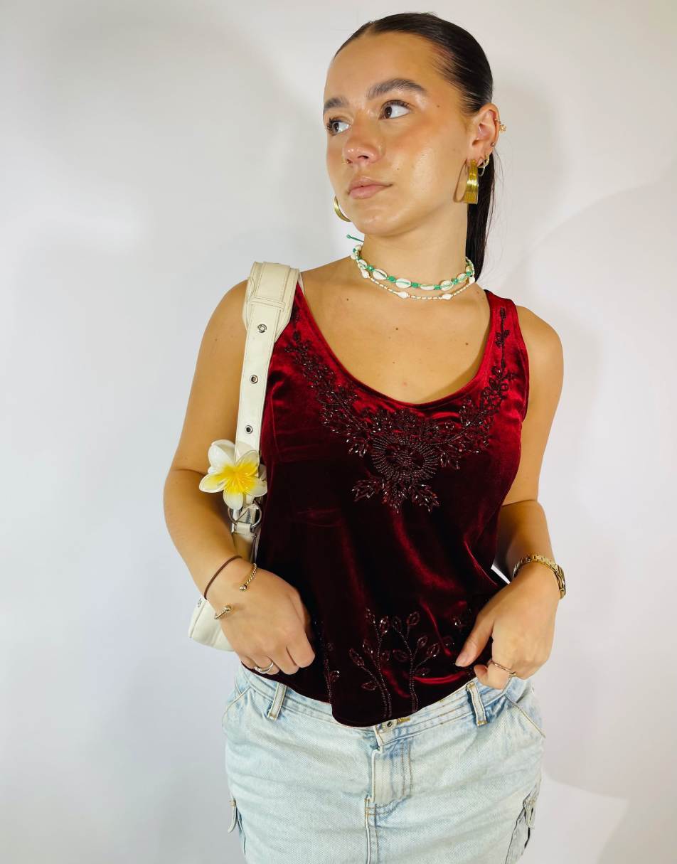 Vintage Size S Velvet Embellished Top in Red