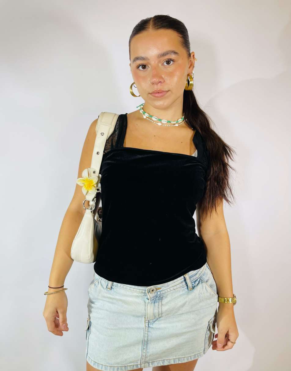 Vintage Size S Velvet Mesh Top in Black