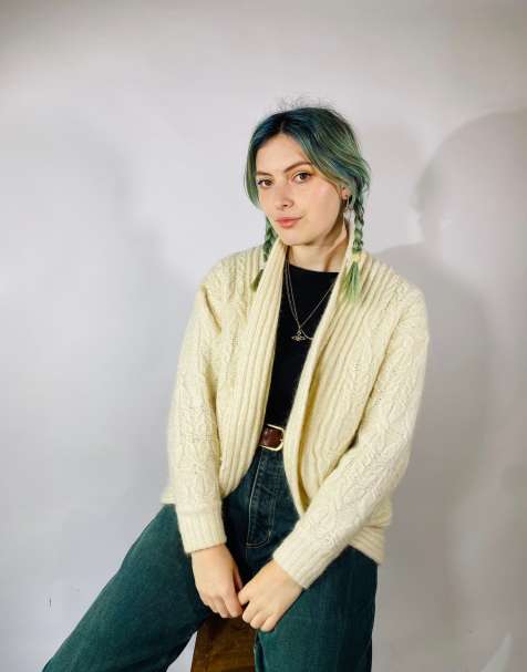 Vintage size s wool mix chunky knitted cardigan in cream - view 1
