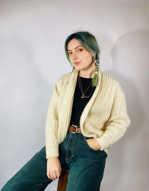 Vintage size s wool mix chunky knitted cardigan in cream , 2 of 4