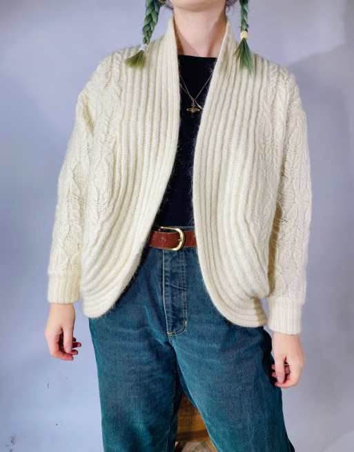 Vintage size s wool mix chunky knitted cardigan in cream , 3 of 4