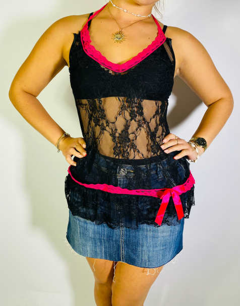 Vintage Size S Y2K Black Lace Cami Top In Black - view 1
