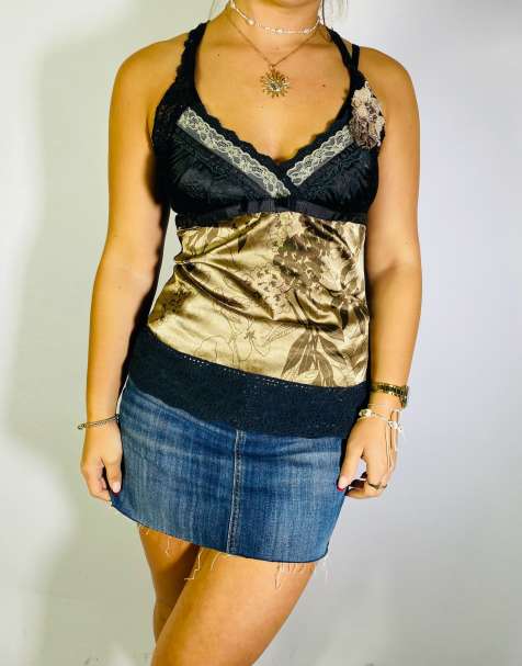 Vintage Size S Y2K Floral Lace Cami Top In Black - view 1