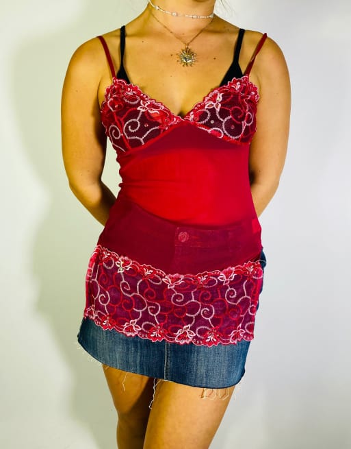 Vintage Size S Y2K Lace Cami Top In Red