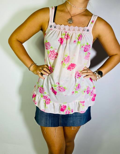 Vintage Size S Y2K Pink Floral Cami Top In Multi
