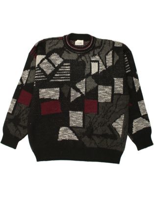 Vintage Size XL Geometric Crew Neck Jumper Sweater in Black