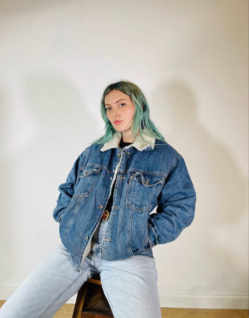 Vintage Size XL Industrial Oversized Shearling Lined Denim Jacket in Blue