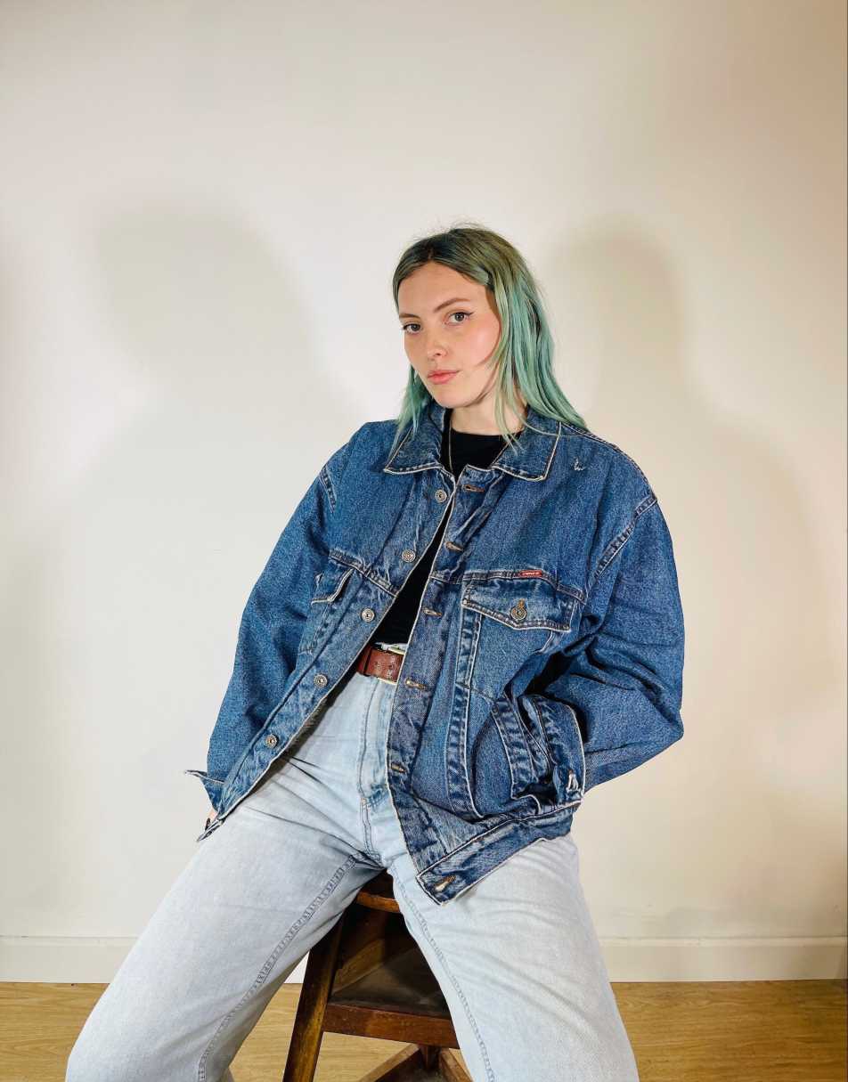 Vintage Size XL Oversized Shearling Lined Denim Jacket in Blue