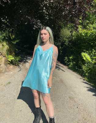 Vintage Size XL satin lace mini slip dress in blue ASOS