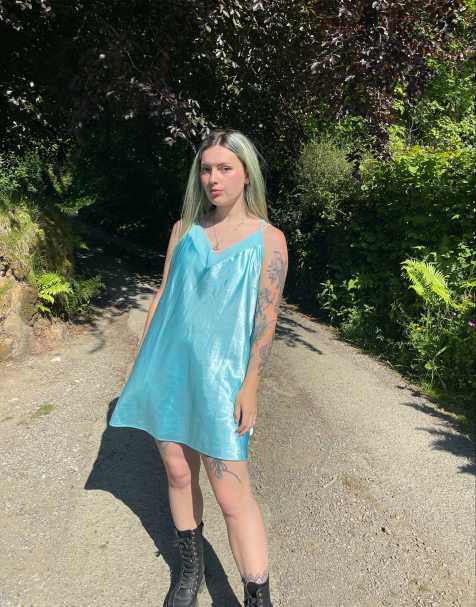 Vintage Size XL satin lace mini slip dress in blue - view 1