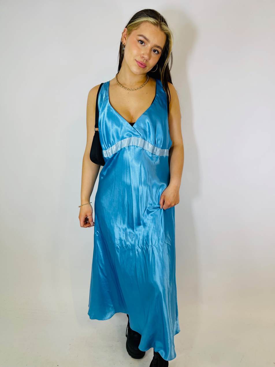 Vintage Size XL satin maxi slip dress in blue