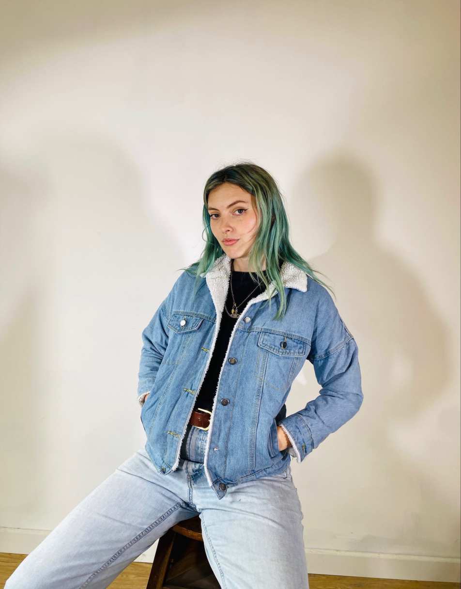 Vintage Size XS Industrial Shearling Lined Denim Jacket in Blue