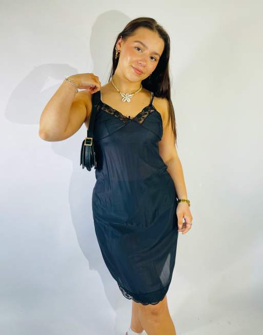 Vintage Size XS Satin Lace Mini Slip Dress in Black